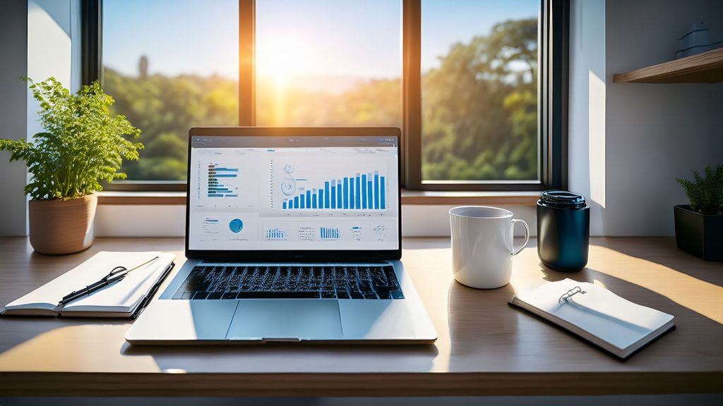 Laptop with charts on a desk by a sunny window.